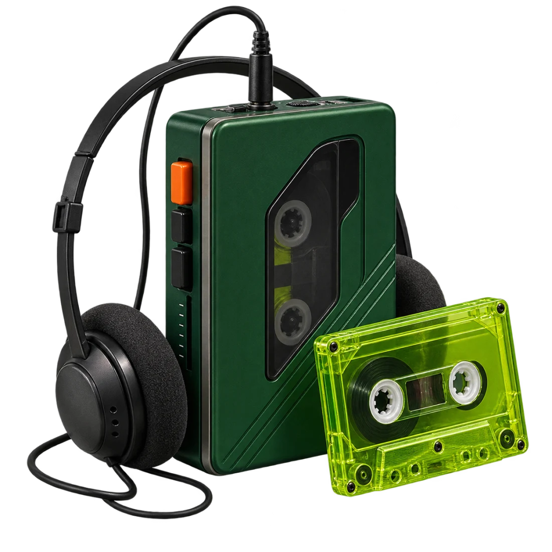 Konzeptmotiv eines grünen tragbaren Kassettenspielers mit Kopfhörern und neongrüner Kassette
